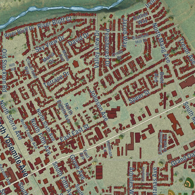 Close-up of the map of Oakdale, California print showing street and building detail