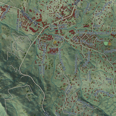 Close-up of the map of Oakhurst, California print showing street and building detail