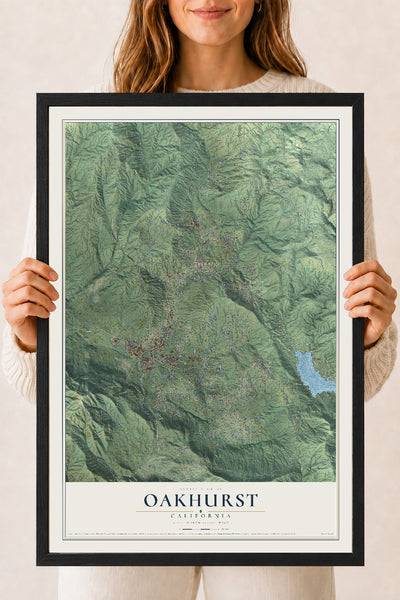 Map of Oakhurst, California, 18 x 24 inch print in a black wood frame