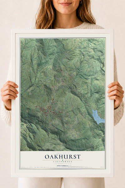 Map of Oakhurst, California, 18 x 24 inch print in a white wood frame