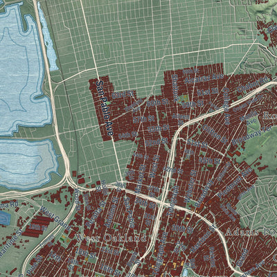 Second close-up of the map of Oakland, California print showing more streets and buildings