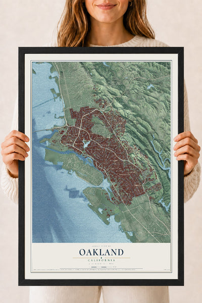 Map of Oakland, California, 18 x 24 inch print in a black wood frame