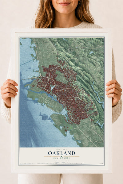 Map of Oakland, California, 18 x 24 inch print in a white wood frame