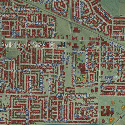Close-up of the map of Oakley, California print showing street and building detail