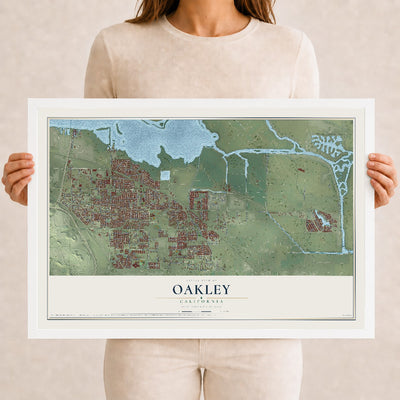 Map of Oakley, California, 12 x 18 inch print in a white wood frame