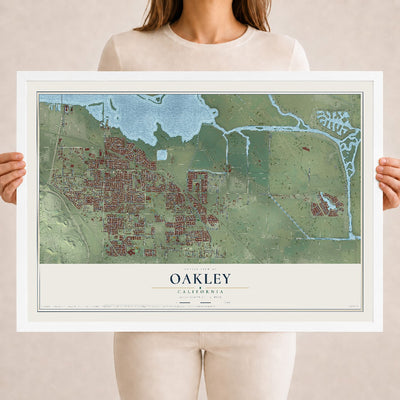 Map of Oakley, California, 18 x 24 inch print in a white wood frame