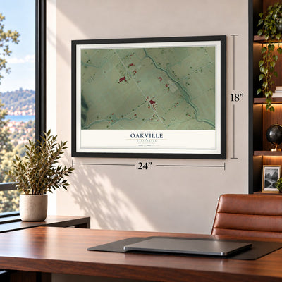 Oakville, California map, 18 x 24 inch print in a black frame in a home office