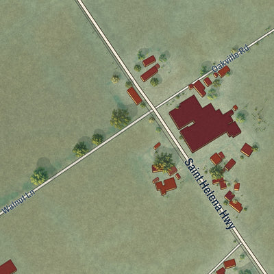 Close-up of the map of Oakville, California print showing street and building detail