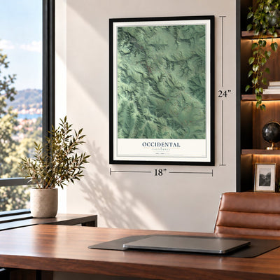 Occidental, California map, 18 x 24 inch print in a black frame in a home office