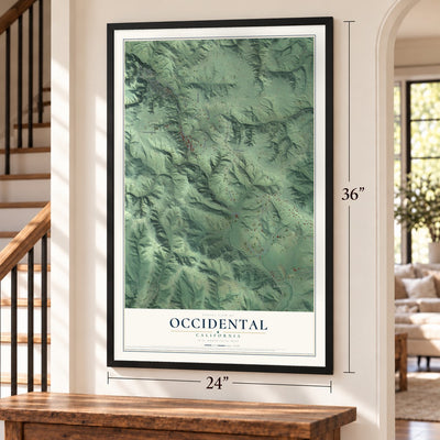 Occidental, California map, 24 x 36 inch print in a black frame by a staircase