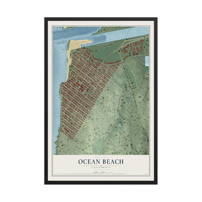 Map of Ocean Beach, California, 12 x 18 inch print in a black wood frame