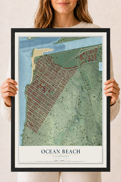 Map of Ocean Beach, California, 18 x 24 inch print in a black wood frame