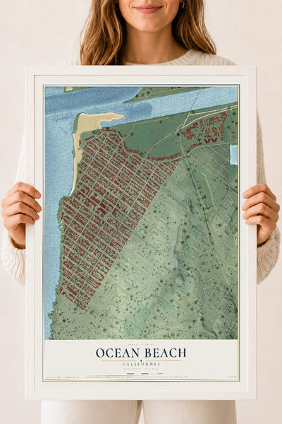 Map of Ocean Beach, California, 18 x 24 inch print in a white wood frame