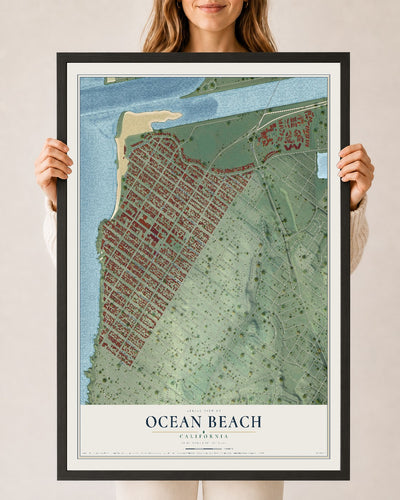 Map of Ocean Beach, California, 24 x 36 inch print in a black wood frame