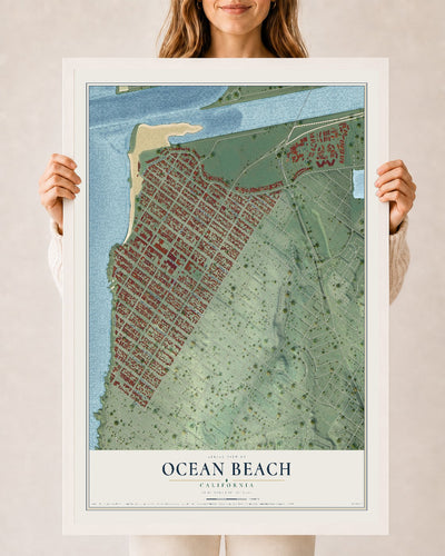 Map of Ocean Beach, California, 24 x 36 inch print in a white wood frame