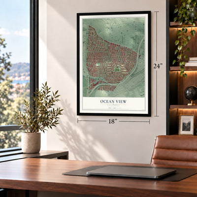 Ocean View, California map, 18 x 24 inch print in a black frame in a home office