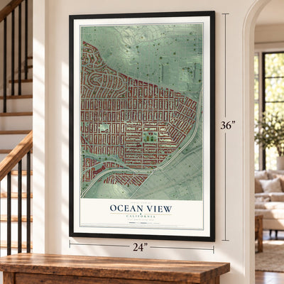Ocean View, California map, 24 x 36 inch print in a black frame by a staircase