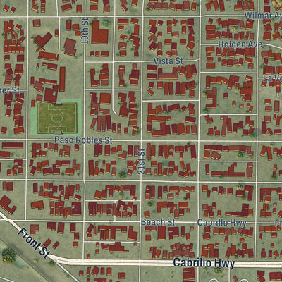 Close-up of the map of Oceano, California print showing street and building detail