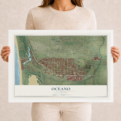 Map of Oceano, California, 12 x 18 inch print in a white wood frame