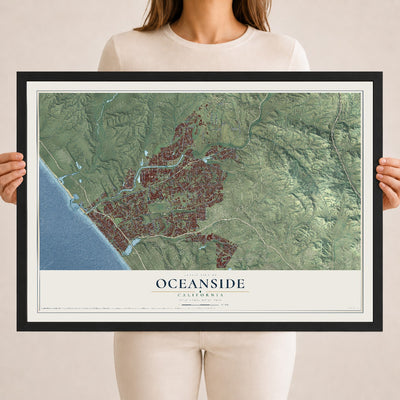 Map of Oceanside, California, 18 x 24 inch print in a black wood frame