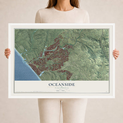 Map of Oceanside, California, 24 x 36 inch print in a white wood frame