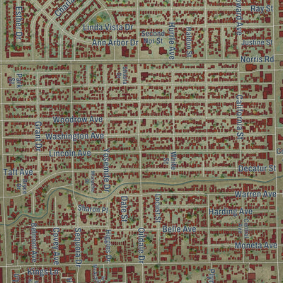 Close-up of the map of Oildale, California print showing street and building detail