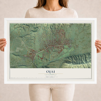 Map of Ojai, California, 18 x 24 inch print in a white wood frame
