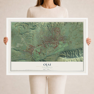 Map of Ojai, California, 24 x 36 inch print in a white wood frame