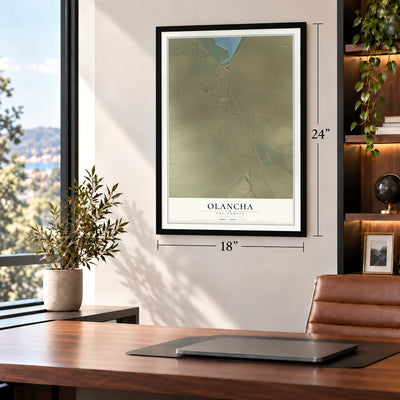 Olancha, California map, 18 x 24 inch print in a black frame in a home office