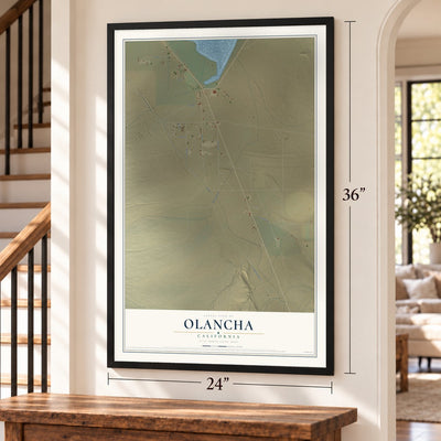 Olancha, California map, 24 x 36 inch print in a black frame by a staircase