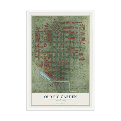 Map of Old Fig Garden, California, 12 x 18 inch print in a white wood frame