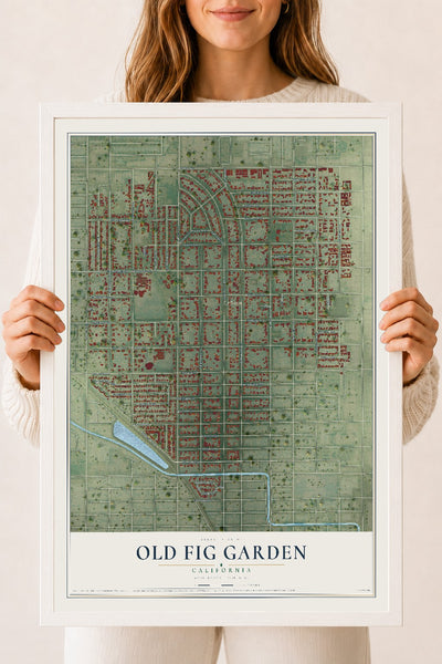 Map of Old Fig Garden, California, 18 x 24 inch print in a white wood frame
