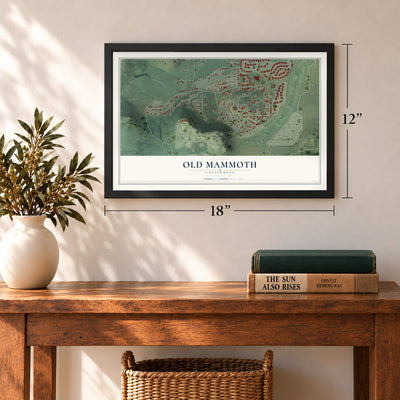 Old Mammoth, California map, 12 x 18 inch print in a black frame in an entryway
