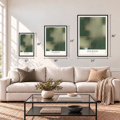 Old River, California map in 12 x 18, 18 x 24 and 24 x 36 inch sizes above a sofa