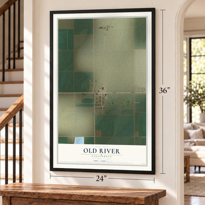 Old River, California map, 24 x 36 inch print in a black frame by a staircase