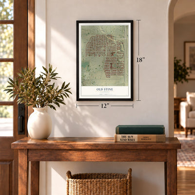 Old Stine, California map, 12 x 18 inch print in a black frame in an entryway