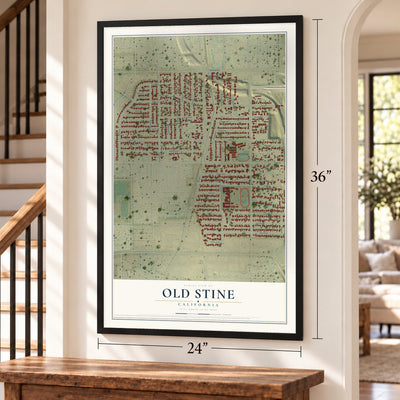 Old Stine, California map, 24 x 36 inch print in a black frame by a staircase