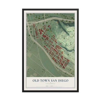 Map of Old Town San Diego, California, 12 x 18 inch print in a black wood frame