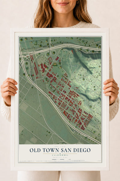 Map of Old Town San Diego, California, 18 x 24 inch print in a white wood frame
