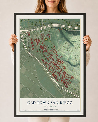 Map of Old Town San Diego, California, 24 x 36 inch print in a black wood frame