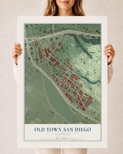 Map of Old Town San Diego, California, 24 x 36 inch print in a white wood frame