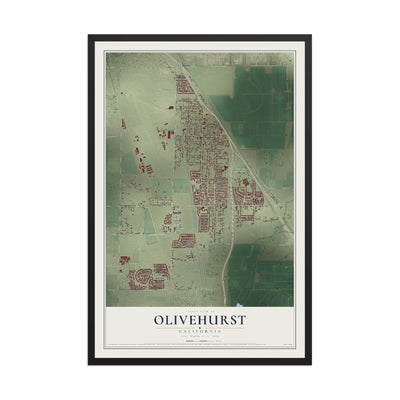 Map of Olivehurst, California, 12 x 18 inch print in a black wood frame