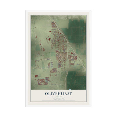 Map of Olivehurst, California, 12 x 18 inch print in a white wood frame