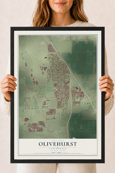 Map of Olivehurst, California, 18 x 24 inch print in a black wood frame