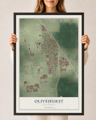 Map of Olivehurst, California, 24 x 36 inch print in a black wood frame