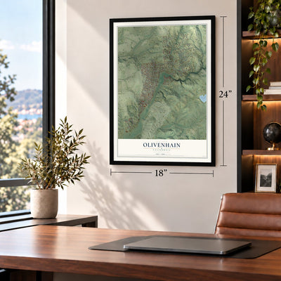Olivenhain, California map, 18 x 24 inch print in a black frame in a home office