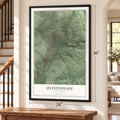 Olivenhain, California map, 24 x 36 inch print in a black frame by a staircase