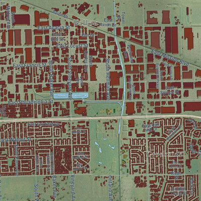 Second close-up of the map of Ontario, California print showing more streets and buildings