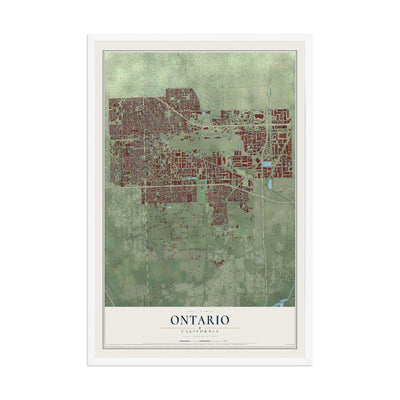 Map of Ontario, California, 12 x 18 inch print in a white wood frame