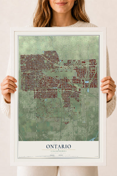 Map of Ontario, California, 18 x 24 inch print in a white wood frame
